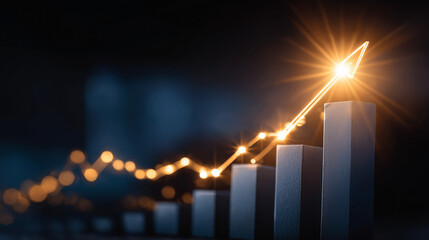 Ascending Market Momentum: An illuminated arrow pierces upwards through a graph representing market growth, symbolizing progress and financial success.