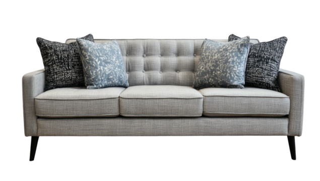 A light gray button-tufted sofa with patterned decorative pillows