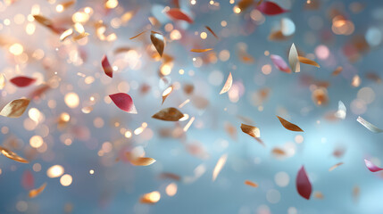 Floating Petals: A captivating scene unfolds, delicate petals dance gracefully against a soft, blurred background, with a play of light, evoking a sense of ethereal beauty.