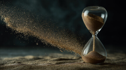 Transparent Glass Hourglass with Golden Sand Flow and Splash, Capturing the Artistic Moment of Time Passage