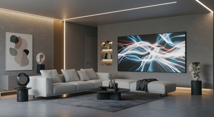 Modern living room design showcasing LED lighting, contemporary art, and a comfortable sectional sofa, perfect for upscale home decor inspiration