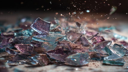 Dynamic Close-Up of Shattered Glass with Colorful Flying Fragments for Advertising Effects and Creative Design