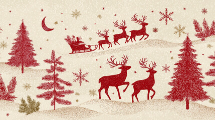 A Christmas Tale: A whimsical festive scene unfolds with Santa Claus gliding through the snowy landscape on a sleigh, pulled by reindeer, amid falling snowflakes and towering fir trees.