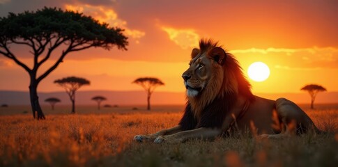 Massive lion lounges majestically amidst acacia trees, savanna sunset ablaze , africa, horizon, cat
