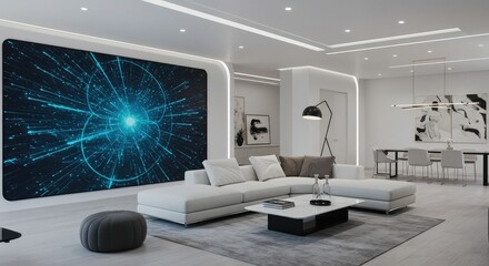 Modern living room with vibrant blue abstract art display creates a dynamic and elegant space perfect for contemporary living and stylish interior design inspiration
