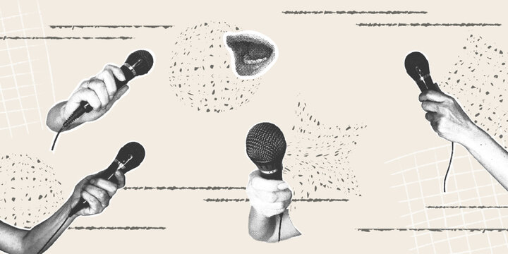 A set of halftone collages featuring hands holding a microphone. A trendy halftone collage with a grainy photocopy effect for flyers, banners, and social media.