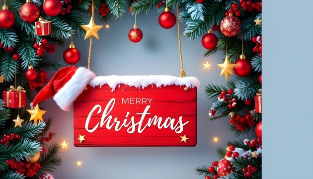 Festive Christmas decoration with a red sign, ornaments, and lights on a gray background, conveying a joyful holiday mood.