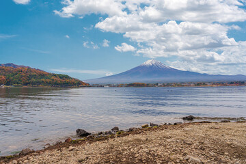 Beautiful Fuji mountain and Kawaguchiko lake at sunrise, Autumn seasons at Yamanachi in Japan.