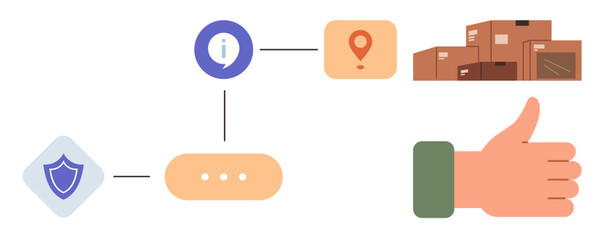 Flowchart with security badge, info icon, location pin, packages, and thumbs-up. Ideal for delivery, transport, supply chain, customer service safety approval and logistics in a simple flat
