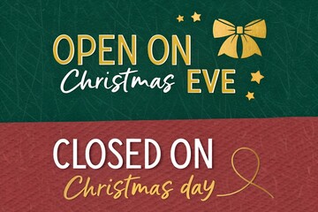 Open on Christmas Eve Closed on Christmas Day Sign, Festive Red Green Holiday Hours Notice, Vintage Christmas Schedule Business Graphic, Open/Closed Christmas Day Announcement Poster