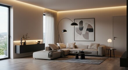 Elegant modern living room with cozy sectional sofa and minimalist decor bathed in warm light, perfect for relaxation and sophisticated living, a sanctuary of style