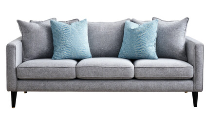 Modern grey fabric sofa with light blue patterned decorative pillows