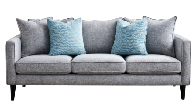 Modern grey fabric sofa with light blue patterned decorative pillows