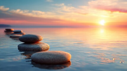 Colorful sunset casts warm hues over serene water where smooth stones create a path across the surface inviting tranquility and reflection in the evening light.