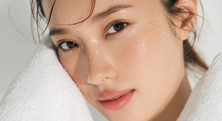 Woman's face covered in water droplets next to white towel.