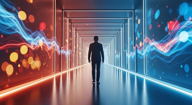 Man Walking in Futuristic Corridor with Data Visualization and Neon Lights