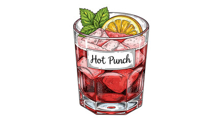 Hot punch drink with ice, lemon slice, and mint leaves in glass  