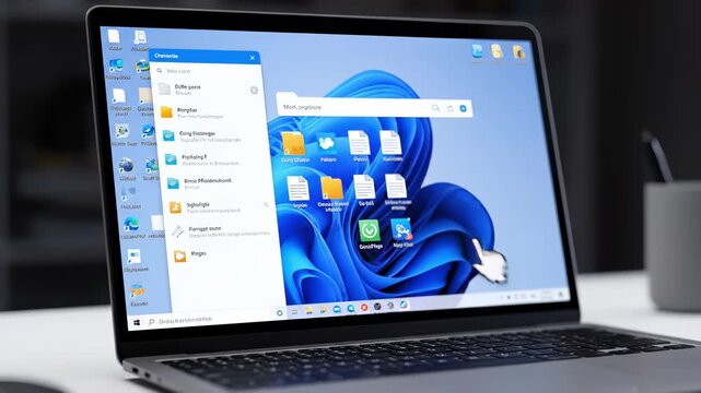 Laptop screen displays a vibrant interface with multiple application icons, showcasing a seamless workflow as the user navigates through various tasks in a modern workspace