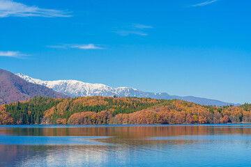 Obraz premium Beautiful autumn scenery of Lake Aoki in Omachi City, Nagano Prefecture, Japan.