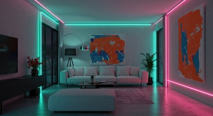 Step into a modern living room bathed in vibrant neon light, showcasing abstract art and sleek furniture for a bold, stylish interior design statement