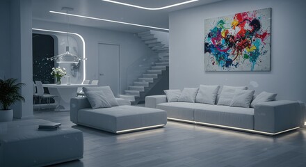 Experience modern living in this stunning living room with contemporary art and sleek furniture, perfect for upscale designs and sophisticated lifestyles