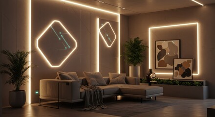 Modern living room showcasing contemporary design with neon lighting and stylish decor, creating an inviting and sophisticated ambiance for relaxation and entertainment
