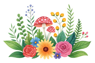 Obraz premium Whimsical watercolor mushroom and floral arrangement isolated on transparent background