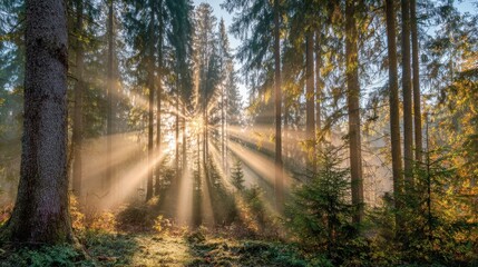 Obraz premium Morning light filters through tall trees in a peaceful forest setting. The soft rays illuminate the misty air creating a magical and calming atmosphere in nature.