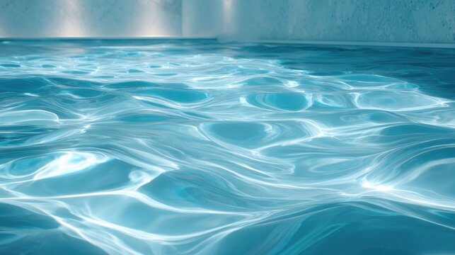 Rippling water in a serene indoor swimming pool catches sunlight creating a relaxing atmosphere. The gentle waves reflect soft light enhancing the tranquility of the space.