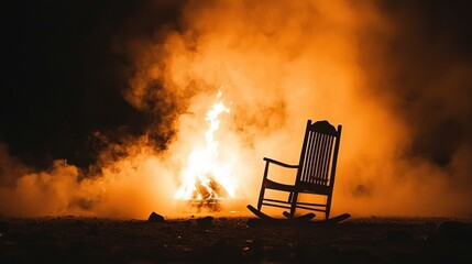 A campfire in the woods with a rocking chair in front of it.