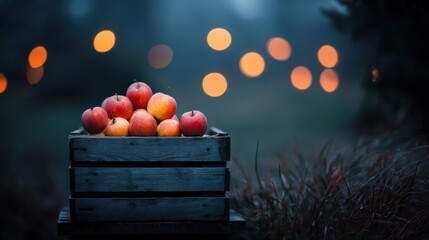 A wooden crate filled with red and yellow apples sits in a field of tall grass, with a background of out-of-focus lights.