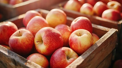 A wooden crate filled with red and yellow apples.