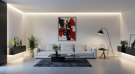 Modern living room interior with stylish abstract art, sleek furniture, and ambient lighting for a sophisticated and comfortable urban lifestyle design concept