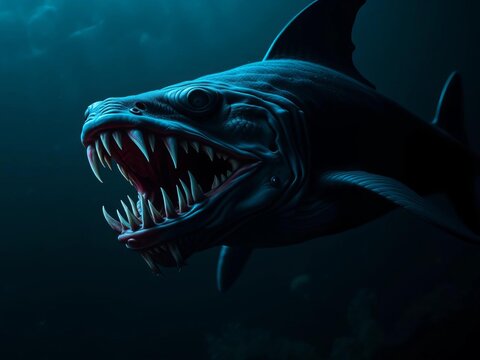 Eerie deep sea predator with sharp teeth, blue and black body, open jaw, and large fins swims in dark ocean depths, underwater, wildlife - Powered by Adobe