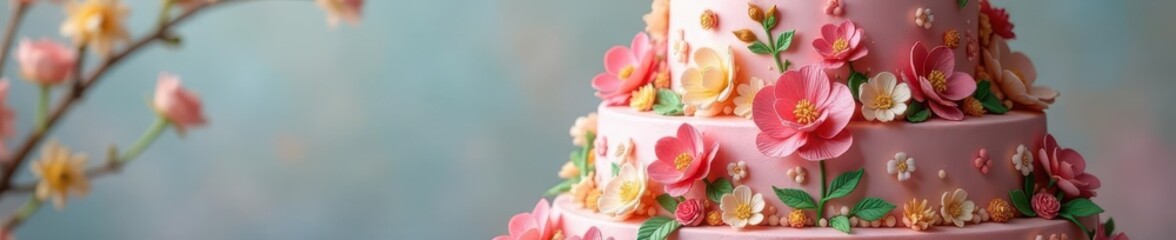 Grand four-tiered cake, intricate sugar flowers, cascading design, sugar flowers, macro