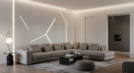 Experience modern living in this stunning living room with a stylish couch, elegant lighting, and contemporary design elements creating a welcoming and sophisticated space