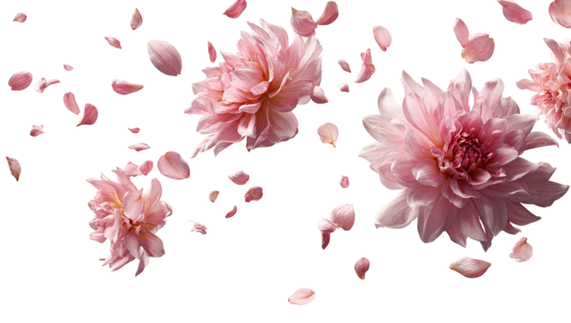 Delicate pink flowers and petals float against a dark background