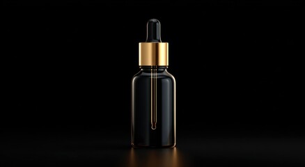 Fototapeta premium Black dropper bottle with gold accents against a dark background.