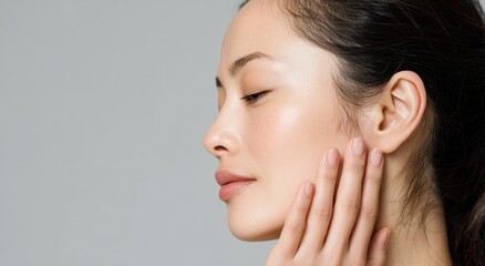 Woman touching face profile against gray background with eyes closed.