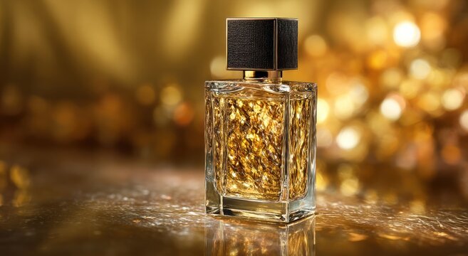 Glass perfume bottle with gold liquid against a warm bokeh background.
