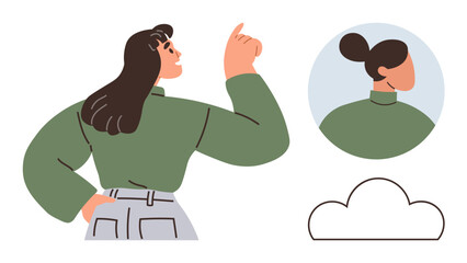 Woman in a green top pointing upward, circle frame showcasing a profile, and a cloud outline. Ideal for creativity, brainstorming, identity, self-expression, communication, innovation motivation