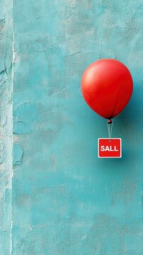 A single red balloon with a small red square tag labeled "SALL" is suspended against a textured, weathered teal wall. The lighting is bright and even, suggestin