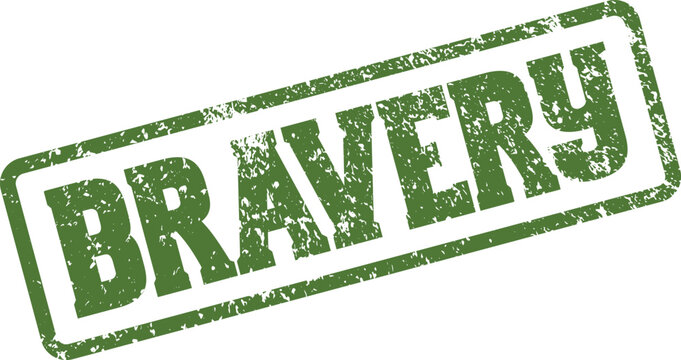 Bold green grunge rubber stamp displaying the essential word bravery for strength and unwavering resilience