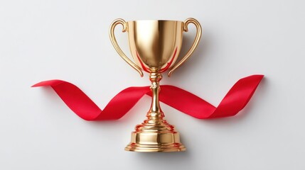 Golden trophy with red ribbon on white background, symbol of achievement