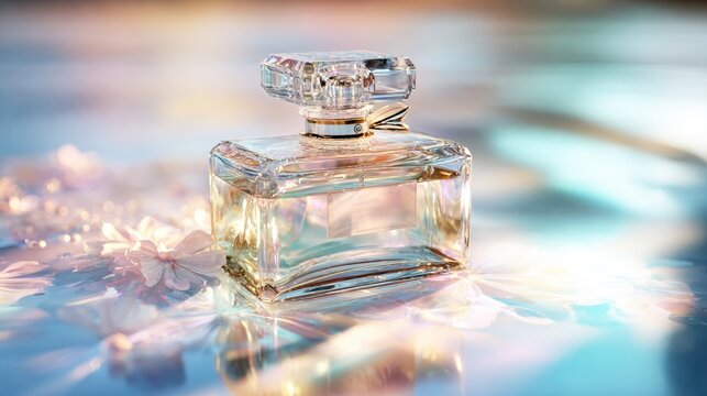 A beautiful perfume bottle is showcased with delicate flowers and a dreamy, iridescent background