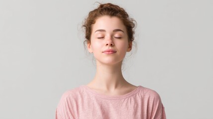 A young woman experiences a peaceful moment of mindfulness with her eyes closed showcasing tranquility and serenity in a quiet indoor environment.