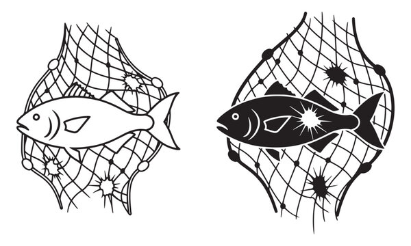 Ocean fish inside a broken net Icons symbolizing prevention of overfishing Vector