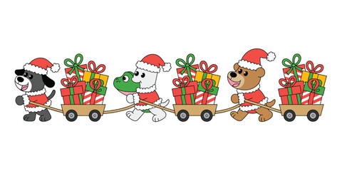 French Bulldog Puppy Riding Bicycle With Christmas Gifts, Cute Santa-Style Holiday Character Drawn As Playful Cartoon Icon And Isolated Pet Symbol, Clean Festive Doodle Artwork In Vector Illustration