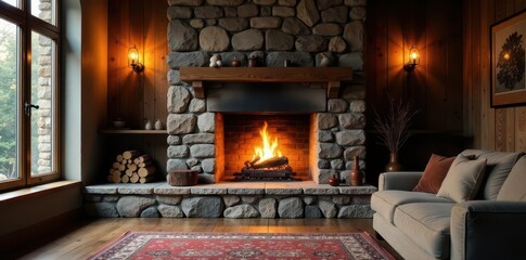 Large stacked stone fireplace, warm firelight illuminates room , room, detail