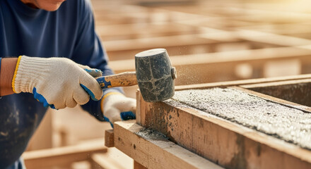 Construction worker using rubber mallet to level concrete in wooden formwork at building site, closeup of gloved hands during manual labor on sunny day